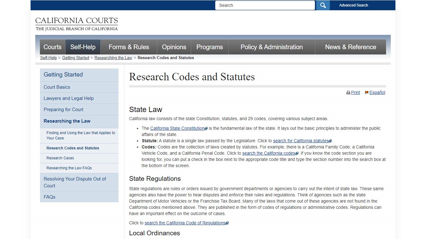 Research Codes and Statutes - getting_started_selfhelp - California